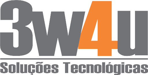 Sobre fundo branco, em letras cinza, o texto 3W4U, com o 4 destacado em laranja. Abaixo uma fina linha horizontal cinza, e mais abaixo o texto em cinza: Soluções Tecnológicas.