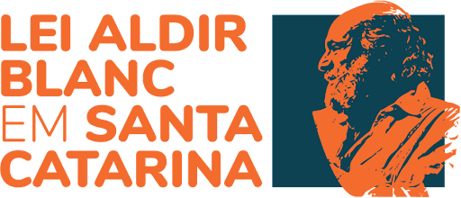 Sobre fundo branco, a logomarca em letras laranja, Lei Aldir Blanc em Santa Catarina, à direita sobreposta em um quadrado azul, o busto do artista em cor laranja.